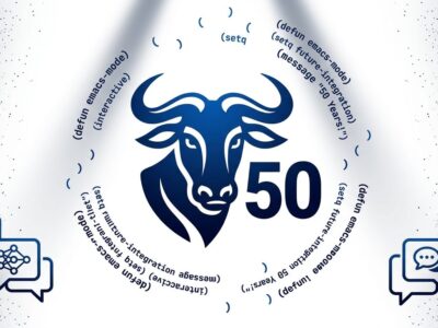 Emacs 50th anniversary illustration with GNU mascot and Lisp code symbols in blue and white