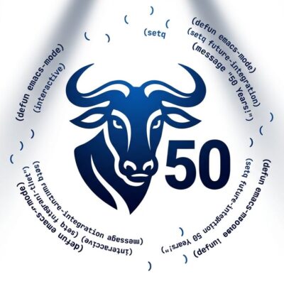 Emacs 50th anniversary illustration with GNU mascot and Lisp code symbols in blue and white
