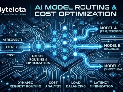Glowing blue circuit board with neural network connections representing GPT-6.1 Terra AI model routing and cost optimization