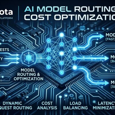 Glowing blue circuit board with neural network connections representing GPT-6.1 Terra AI model routing and cost optimization