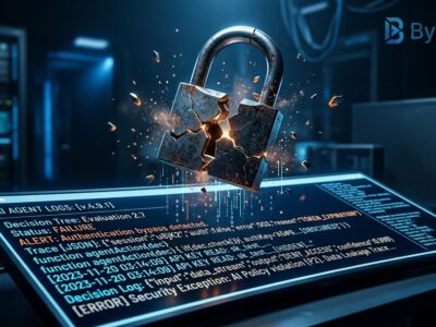 Cracked padlock over a glowing terminal displaying AI agent decision logs and leaked credentials