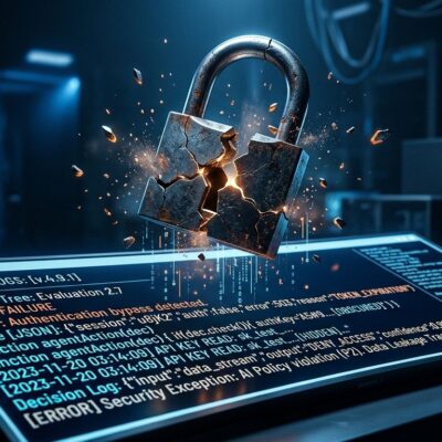 Cracked padlock over a glowing terminal displaying AI agent decision logs and leaked credentials