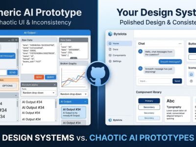GitHub Replica split-screen showing generic AI prototype vs design system aware prototype