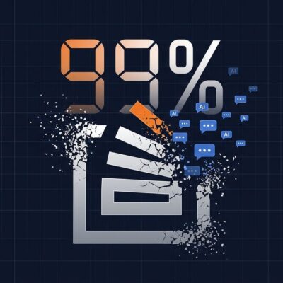 Stack Overflow logo fragmenting representing the 99% decline in monthly questions