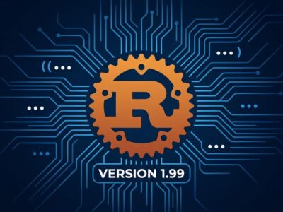 Rust 1.99 release thumbnail showing Rust gear logo with circuit board lines and version badge on dark blue background