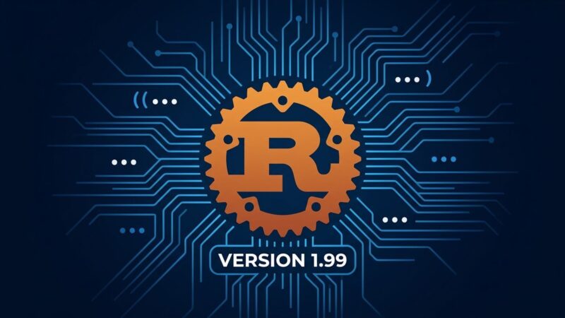 Rust 1.99 release thumbnail showing Rust gear logo with circuit board lines and version badge on dark blue background