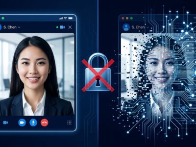 AI video call interface showing Tavus Griffin's video Turing test - a face on screen revealing circuit patterns beneath, illustrating AI identity deception
