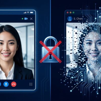 AI video call interface showing Tavus Griffin's video Turing test - a face on screen revealing circuit patterns beneath, illustrating AI identity deception