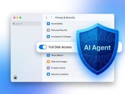 macOS Full Disk Access privacy toggle blocked by AI agent shield icon in blue and white