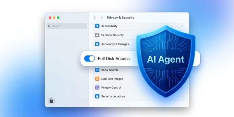 macOS Full Disk Access privacy toggle blocked by AI agent shield icon in blue and white