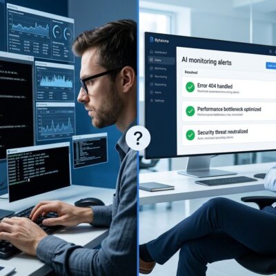 Split-screen showing active SRE engineer at terminal versus passive engineer watching AI auto-resolve incidents, representing AI deskilling in site reliability engineering
