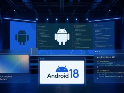Android Dev Summit 2026 stage with Android robot logo, Jetpack Compose mesh gradients, and AppFunctions API code displayed on conference screens