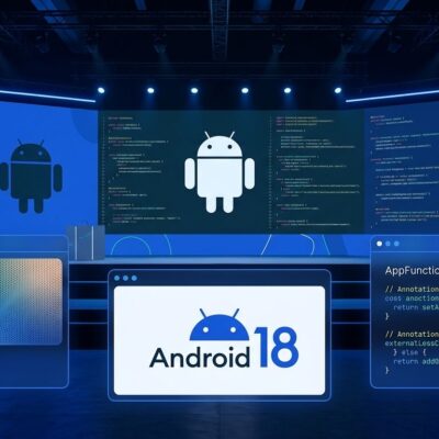 Android Dev Summit 2026 stage with Android robot logo, Jetpack Compose mesh gradients, and AppFunctions API code displayed on conference screens