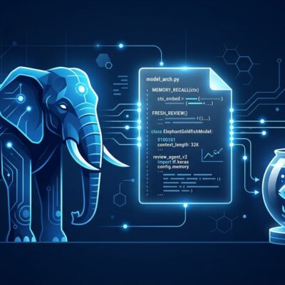Two AI agents illustrated as an elephant and goldfish with a glowing design document between them, representing Google's Elephant-Goldfish Model spec-driven development workflow