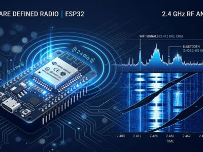 ESP32 microcontroller board with 2.4 GHz radio wave spectrum waterfall display overlay showing WiFi and Bluetooth signals