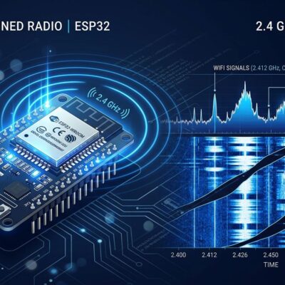 ESP32 microcontroller board with 2.4 GHz radio wave spectrum waterfall display overlay showing WiFi and Bluetooth signals