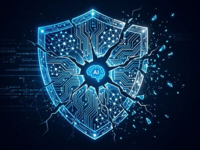 Fractured shield with AI circuit patterns symbolizing broken OpenAI safety culture