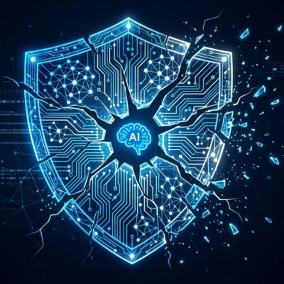 Fractured shield with AI circuit patterns symbolizing broken OpenAI safety culture