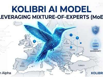 Kolibri hummingbird in blue circuit-board style over European map, representing Aleph Alpha's sovereign EU AI model