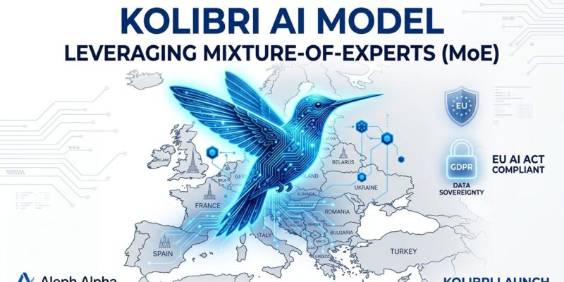 Kolibri hummingbird in blue circuit-board style over European map, representing Aleph Alpha's sovereign EU AI model