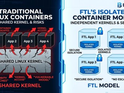 Split-screen comparison of traditional Linux shared kernel containers versus FTL per-container OS isolation model