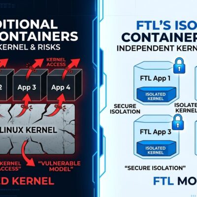 Split-screen comparison of traditional Linux shared kernel containers versus FTL per-container OS isolation model