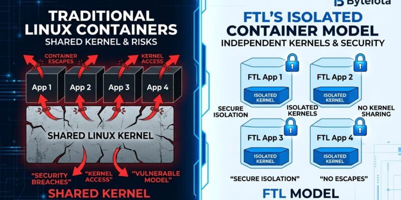 Split-screen comparison of traditional Linux shared kernel containers versus FTL per-container OS isolation model