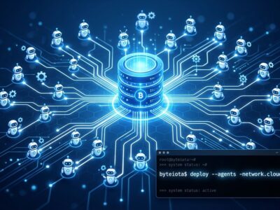 Supabase database node connected to AI agents via MCP protocol, developer tech blog illustration
