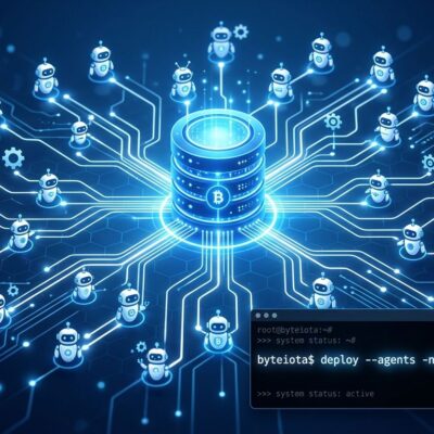 Supabase database node connected to AI agents via MCP protocol, developer tech blog illustration