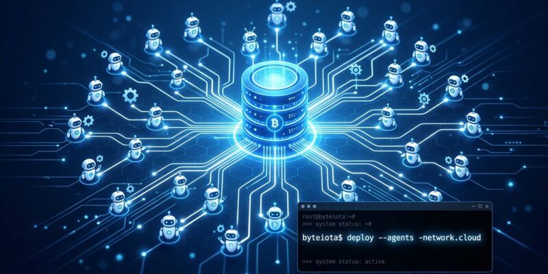 Supabase database node connected to AI agents via MCP protocol, developer tech blog illustration