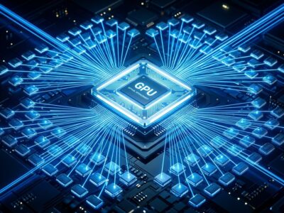 GPU chip connected to 220 memory chips via VCSEL laser optical interconnects, replacing copper wires in AI inference servers