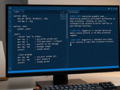 Rhun code editor showing x86-64 assembly code alongside a live Claude Code agent session panel