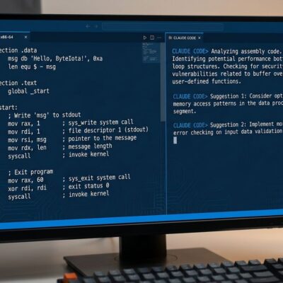 Rhun code editor showing x86-64 assembly code alongside a live Claude Code agent session panel