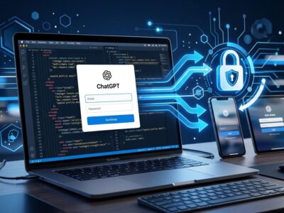 Developer laptop showing ChatGPT OAuth login flow with blue and white color scheme