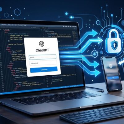 Developer laptop showing ChatGPT OAuth login flow with blue and white color scheme