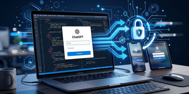 Developer laptop showing ChatGPT OAuth login flow with blue and white color scheme