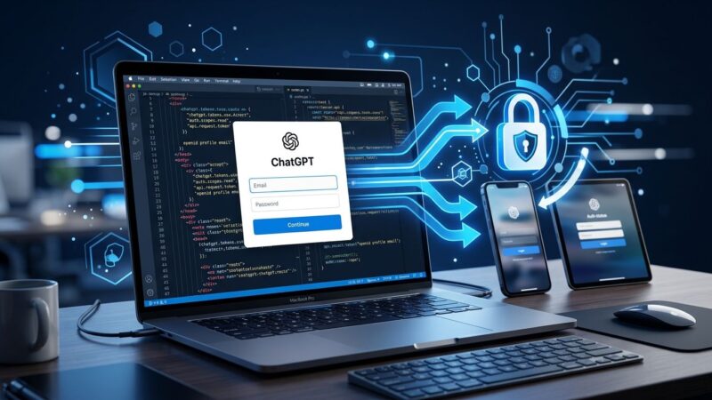 Developer laptop showing ChatGPT OAuth login flow with blue and white color scheme
