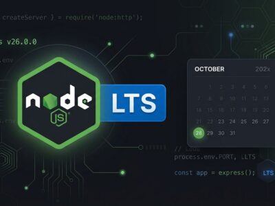 Node.js 26 LTS release with Temporal API - green hexagonal logo on dark background with blue LTS badge and October 28 calendar date