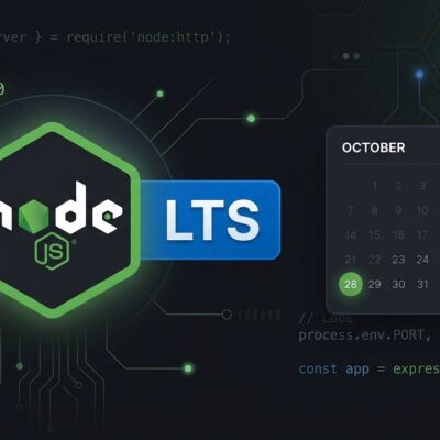 Node.js 26 LTS release with Temporal API - green hexagonal logo on dark background with blue LTS badge and October 28 calendar date
