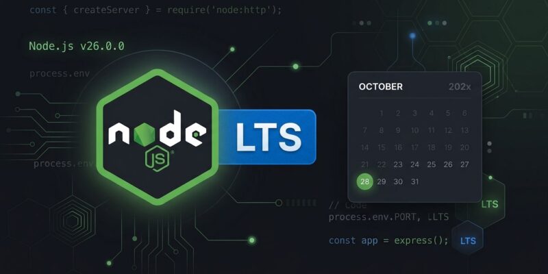 Node.js 26 LTS release with Temporal API - green hexagonal logo on dark background with blue LTS badge and October 28 calendar date