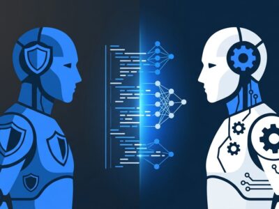 Two abstract figures representing AI safety debate between LeCun and Amodei frameworks