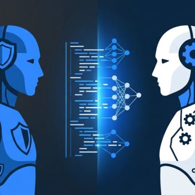 Two abstract figures representing AI safety debate between LeCun and Amodei frameworks