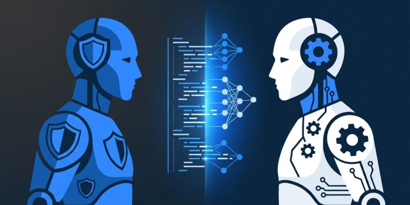 Two abstract figures representing AI safety debate between LeCun and Amodei frameworks