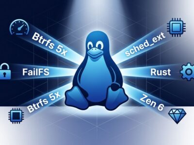 Linux 7.3 kernel release diagram showing Tux penguin with radiating feature beams for Btrfs, FailFS, sched_ext, Rust, and AMD Zen 6 support