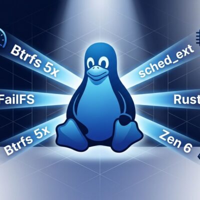Linux 7.3 kernel release diagram showing Tux penguin with radiating feature beams for Btrfs, FailFS, sched_ext, Rust, and AMD Zen 6 support