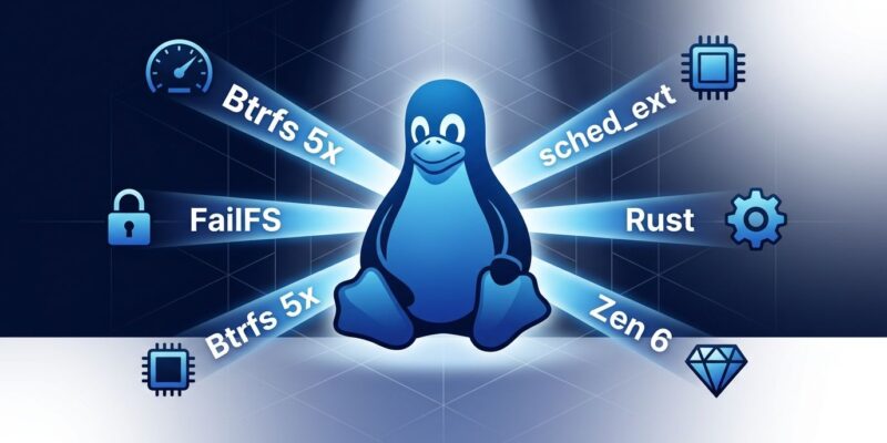 Linux 7.3 kernel release diagram showing Tux penguin with radiating feature beams for Btrfs, FailFS, sched_ext, Rust, and AMD Zen 6 support