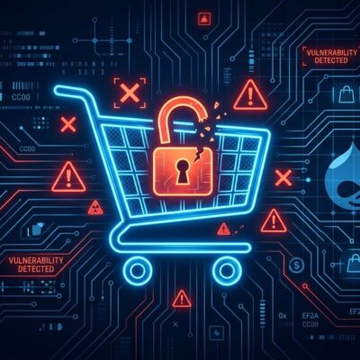 Glowing blue shopping cart with broken padlock on dark background representing Drupal Commerce security vulnerability CVE-2026-118539